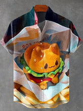 Cute Burger Cat Art Illustration Print Casual Cotton Linen Shirt
