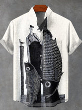 Hand Drawn Fisherman Catching Fish Graphic Print Cotton Linen Casual Shirt