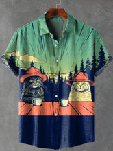 Cowboy Cats Coffee Break Eclectic Quirky Kitchen Funny Cat Vintage Print Casual Cotton Linen Shirt