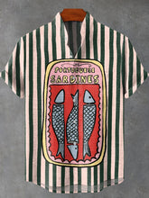 Green Striped Sardines Vintage Print Cotton Linen Casual Shirt