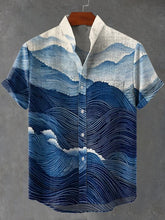 Green Abstract Geometric Waves Wallpaper Art Print Cotton Linen Casual Shirt