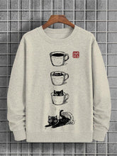 Men's Cat Coffee Cup Japanese Art Painting Print Cotton Casual Sweatshirt
