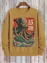 Men's Japanese Sea Wave Octopus Illustration Print Cotton Casual Sweatshirt