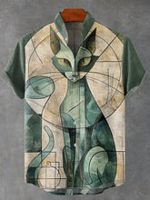 Abstract Funny Animals Geometry Interval Cat Vintage Print Cotton Linen Casual Shirt