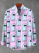 Retro Blue Purple Ghost Print Cotton Linen Long Sleeve Shirt