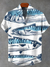 Blue Cover Shark Poster Vintage Print Cotton Linen Shirt