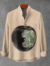 Green Landscape Print in Retro Apple Cotton Linen Long Sleeve Shirt