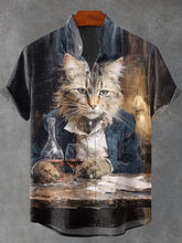 Cat Gentleman Drinks Cognac In The Cafe Abstract Art Vintage Print Cotton Linen Casual Shirt