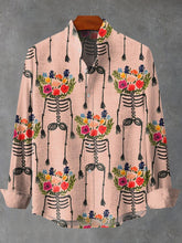 Retro Romantic Flowers Human Skull Print Cotton Linen Long Sleeve Shirt