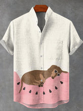 Cute Animal Dachshund Dogs Vintage Print Cotton Linen Casual Shirt