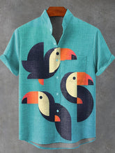 Geometric Color Block Combination Toucan Decorative Pattern Cotton Linen Casual Shirt