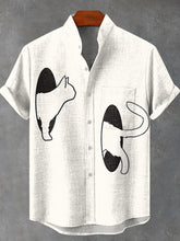 Black and White Line Cat Vintage Print Cotton Linen Casual Shirt