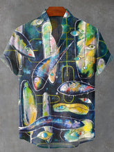 Hand Drawn Geometric Fish Pattern Print Cotton Linen Casual Shirt