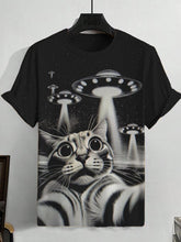 Men's Cotton Frightened Cat UFO Futuristic Sci-Fi Art Print Casual T-Shirt