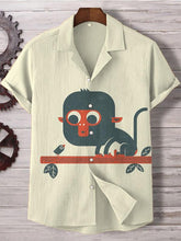 Men's Naughty Monkey And Bird Graphic Print Cotton Linen Casual Shirt