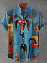 Abstract Funny Animals Dog Vintage Print Cotton Linen Casual Shirt