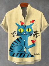 Decorative Pattern of Blue Cat Whiskers Sheet Music and Singing Birds Cotton Linen Casual Shirt