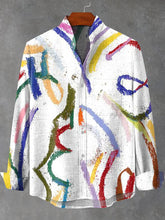 Retro Abstract Pastel Textured Hand Drawn Print Cotton Linen Long Sleeve Shirt