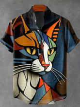 Abstract Art Cat Print Cotton Linen Casual Shirt
