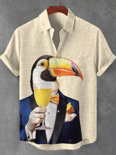Men's Funny Bird Gentleman Champagne Art Cotton Linen Short Sleeve Shirt