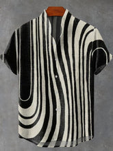 Black And White Ripples Contrasting Art Print Cotton Linen Casual Shirt