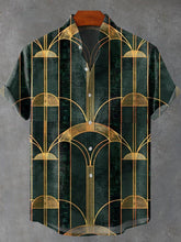 Dark Green Gilt Retro Abstract Geometry Art Print Cotton Linen Casual Shirt