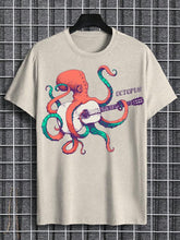 Men's Retro Funny Octopus Playing Guitar Art Print Cotton Casual T-Shirt
