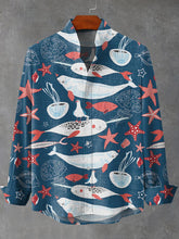 Retro Hand Painted Blue Bottom Sea Fish Print Cotton Linen Long Sleeve Shirt