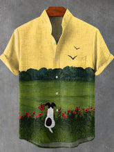 Dog Flowers Sunset Art Print Cotton Linen Casual Shirt