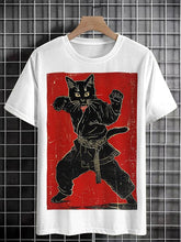 Men's Retro Judo Cat Art Print Cotton Casual T-Shirt