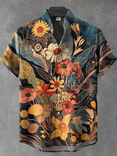 Men'S Vintage Floral Print Cotton Linen Casual Short Sleeve Shirt