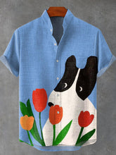 Blue Sky Tulips Dog Art Print Cotton Linen Casual Shirt