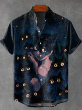 Halloween Black Cat Girl Vintage Print Cotton Linen Casual Shirt