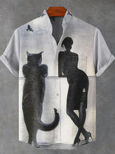 Black Cats and Beauties Vintage Print Cotton Linen Casual Shirt
