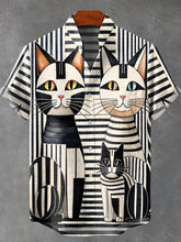 Abstract Funny Animals Black and White Interval Cat Vintage Print Cotton Linen Casual Shirt