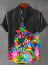 Color Abstract Cat Art Print Casual Cotton Linen Shirt