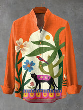 Plants In Front of Vintage Arch. Black Panther and Plant Decorative Pattern Cotton Linen Long Sleeve Shirt