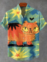 Cute Cartoon Colorful Cat Vintage Print Cotton Linen Casual Shirt