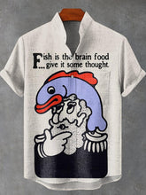 Fish and Thinking Man Vintage Print Cotton Linen Casual Shirt