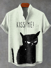 Cute Spoof Black Cat Vintage Print Cotton Linen Casual Shirt