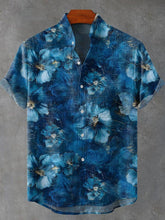 Blue Vintage Flowers Bloom Art Print Cotton Linen Casual Shirt