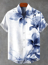 Summer Ink Flowers Retro Pattern Art Print Cotton Linen Casual Shirt