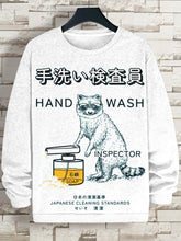 Men's Japanese Art Raccoon Hand Wash Illustration Print Cotton Casual Sweatshirt