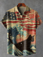 American Waves Cat Japanese Ukiyo-e Art Print Lapel Cotton Linen Casual Shirt