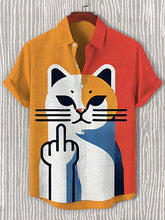 Men's Funny Cat Color Block Abstract Art Print Cotton Linen Casual Shirt