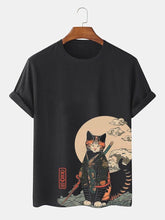 Men's Retro Japanese Samurai Cat Art Print Casual T-Shirt