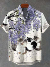 Cat and Wisteria Art Print Cotton Linen Casual Shirt