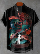 Boat Lots Of Fishes Graphic Print Cotton Linen Casual Shirt