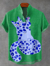Abstract Simple Cat Animal Vintage Print Cotton Linen Casual Shirt