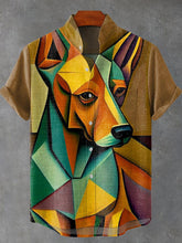 Color-block Abstract Dog Vintage Print Cotton Linen Casual Shirt